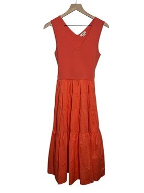 Jason Wu Sleeveless V-Neck Fit & Flare Tiered Midi Dress Orange Women's Sz Small